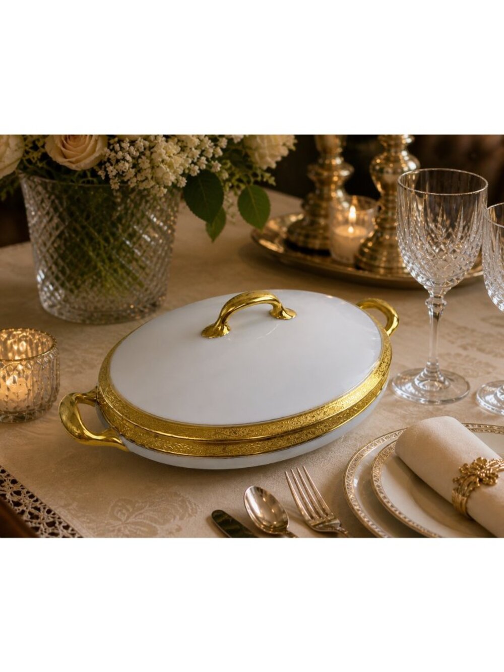 VTG Limoges France Porcelain Gold Encrusted Trim Oval Covered Dish Handles